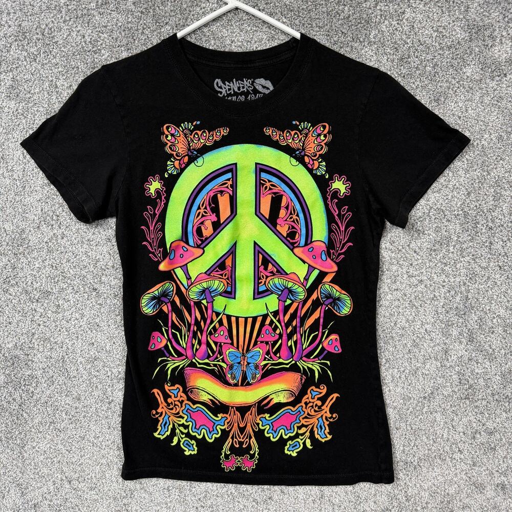 Spencers T-Shirt Juniors M Black Neon Peace Sign Psychedelic Hippie Festivalwear